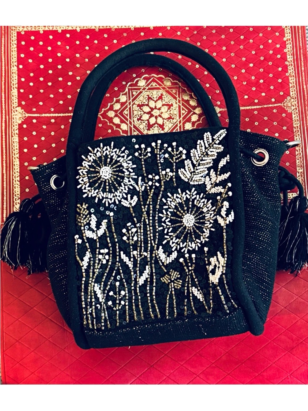 Beaded Floral Black Shoulder Bag with Top Handles